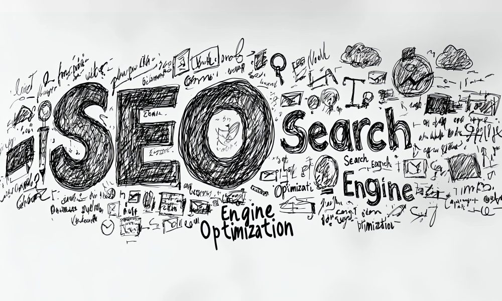 Illustration du concept de SEO (Search Engine Optimization) comprenant des éléments tels que recherche, optimisation et divers symboles associés